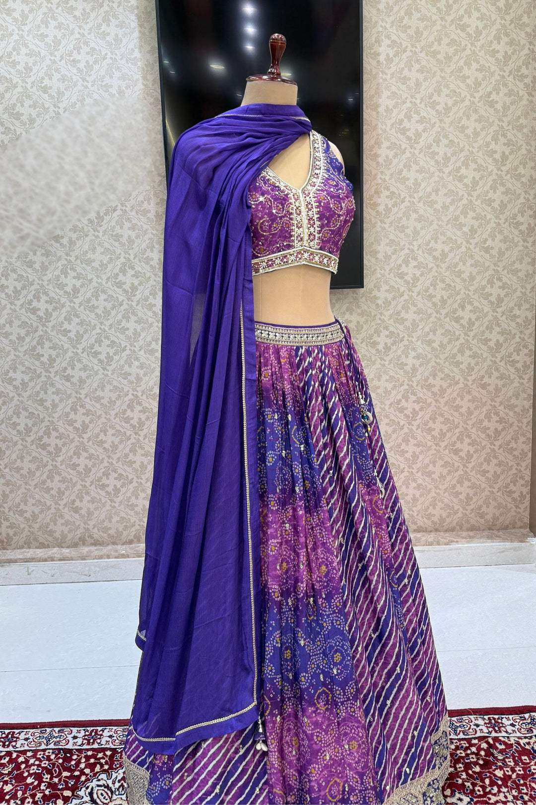 Purple Zari, Sequins and Beads work with Bandini and Leheriya Print Crop Top Lehenga