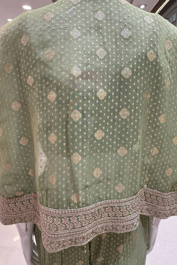 Pista Green Stone, Zari and Sequins work Crop Top with Overcoat Styled Palazzo Suit Set
