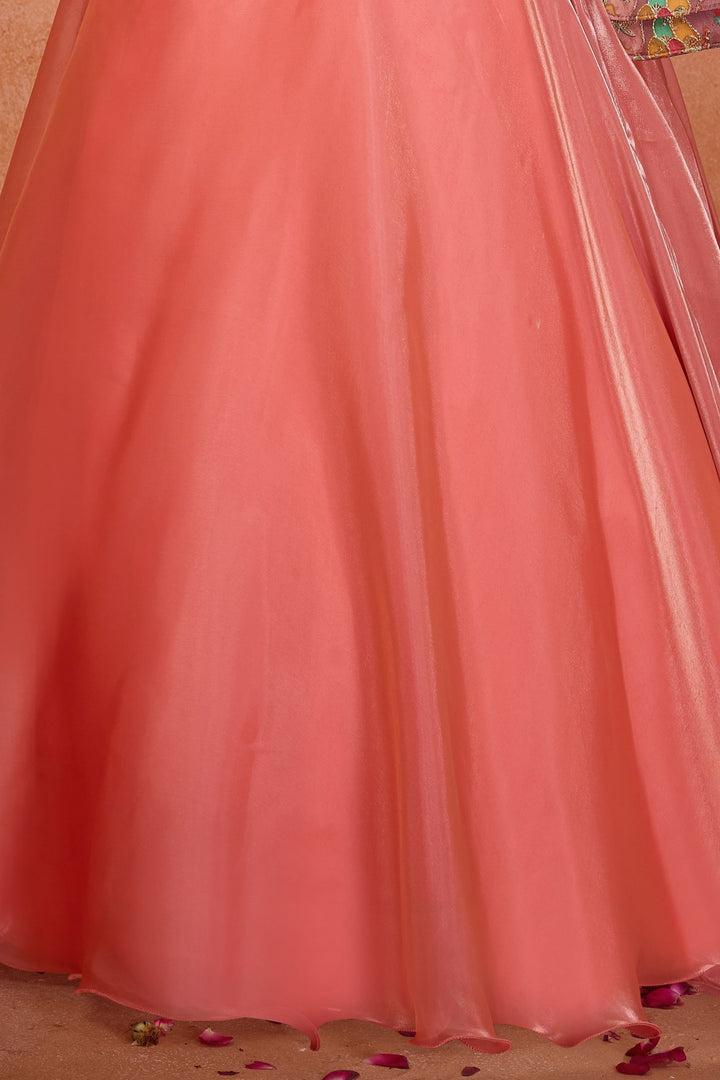 Peach Sequins and Zari work with Multicolor Digital Print Jacket Styled Lehenga Choli for Girls