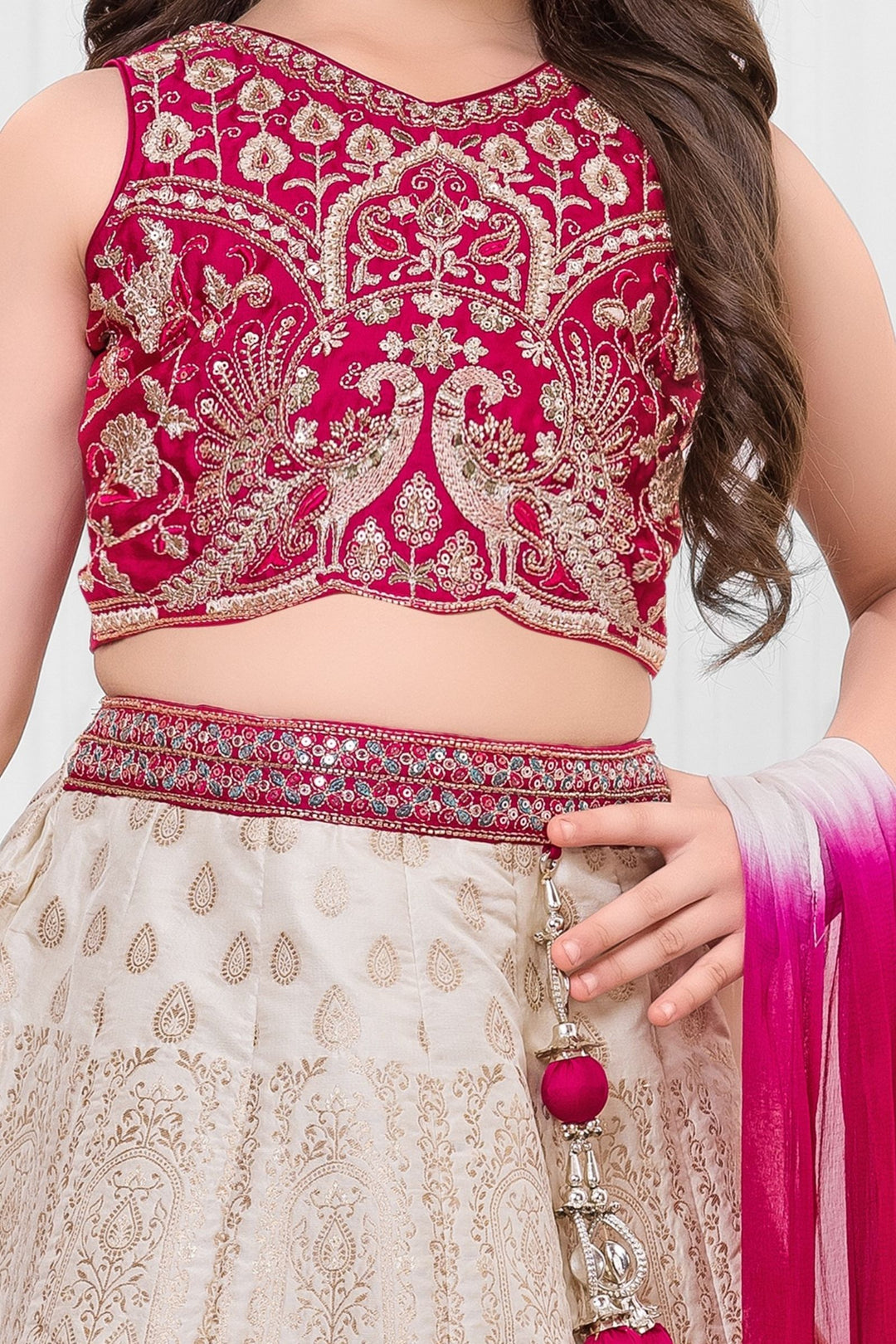 Rani Pink with Cream Beads, Zari and Sequins work Lehenga Choli for Girls