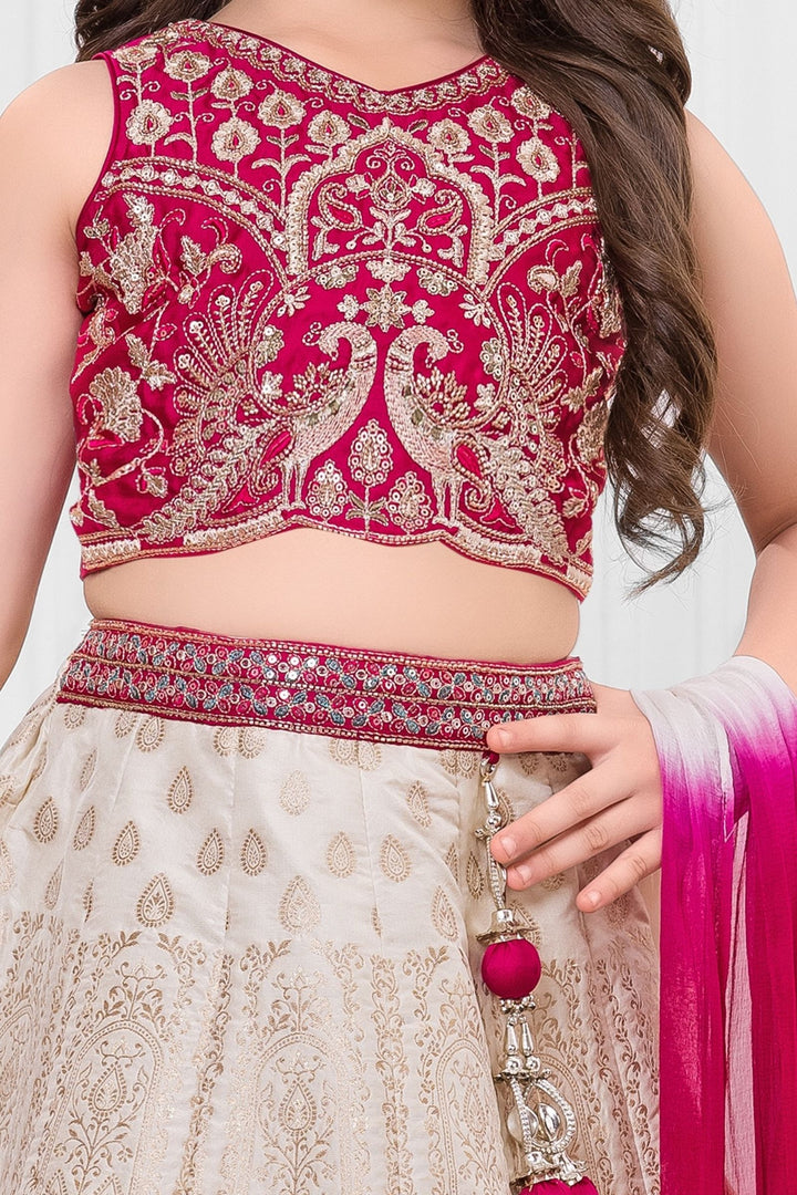 Rani Pink with Cream Beads, Zari and Sequins work Lehenga Choli for Girls