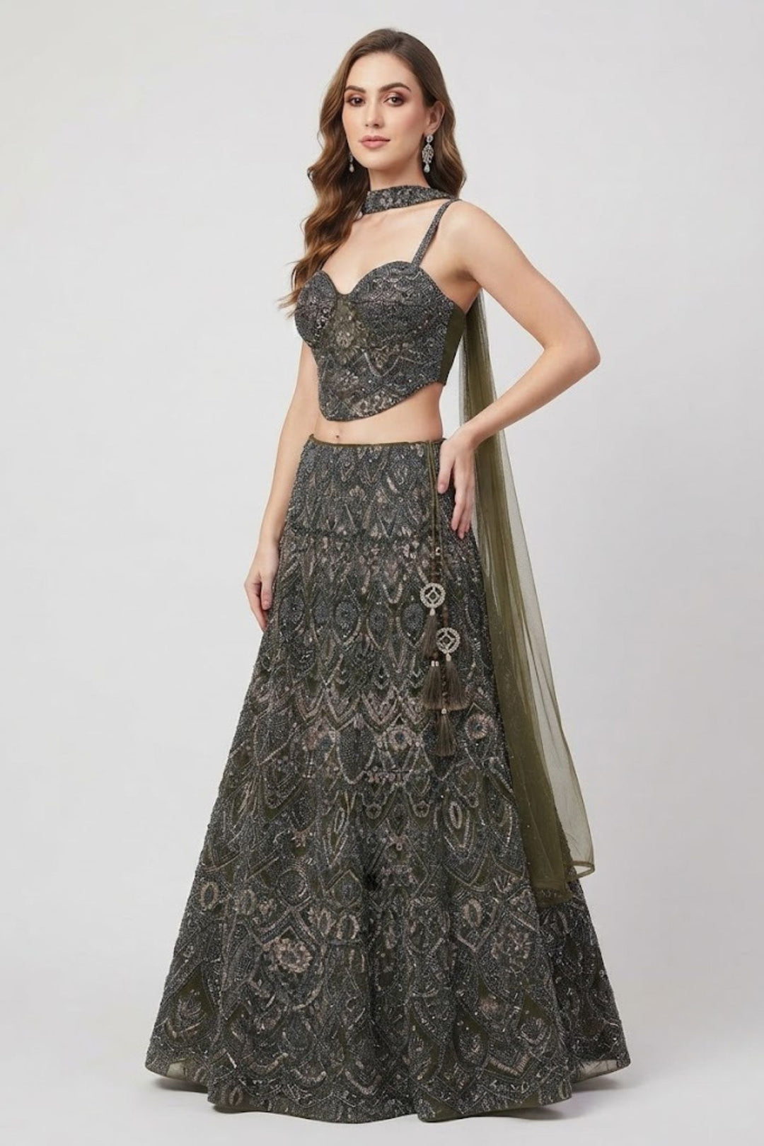 Green Sequins and Beads work Fishcut Lehenga Set