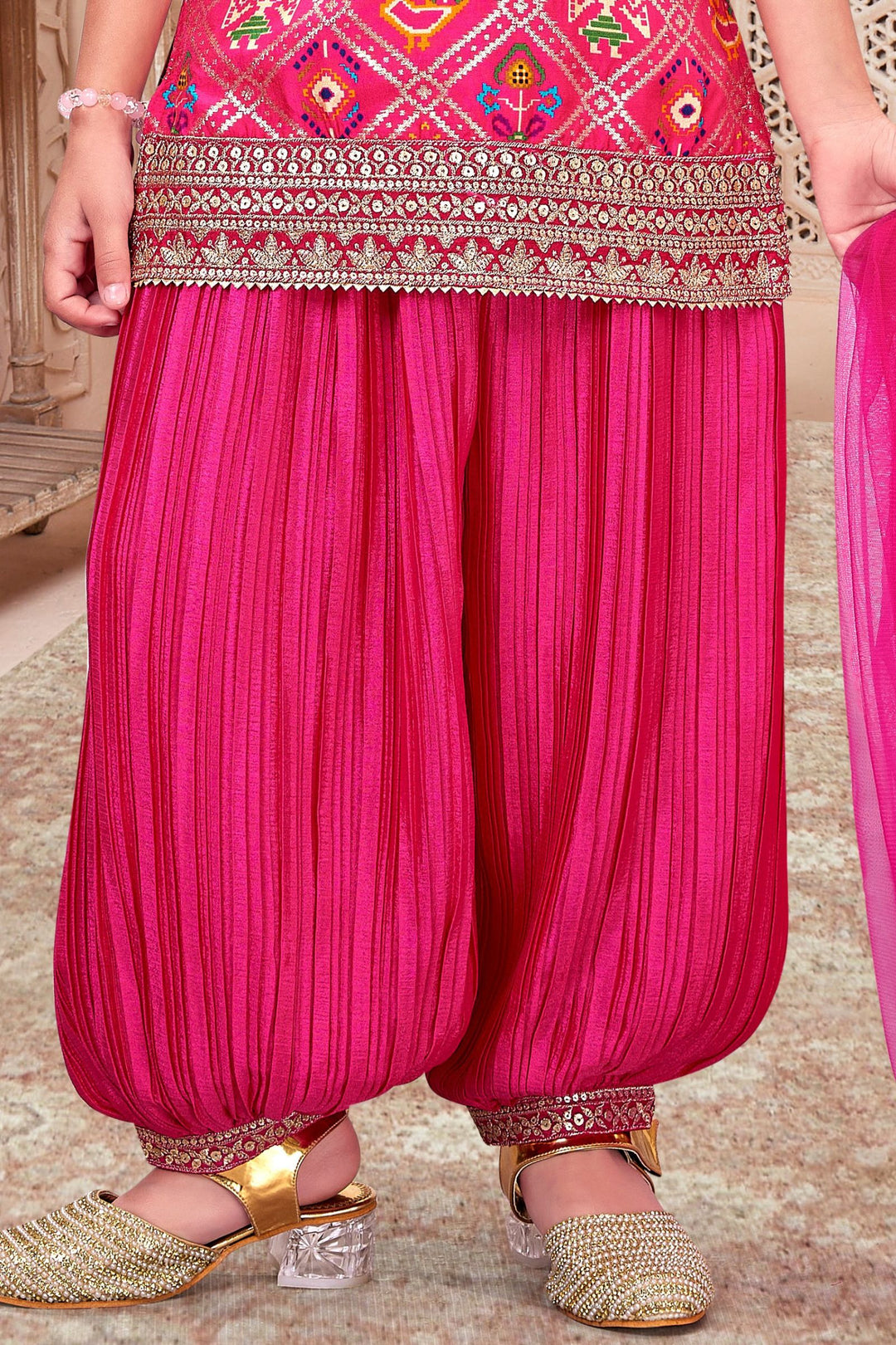 Rani Pint Sequins and Zari work with Patola Print Top and Afghani Set for Girls