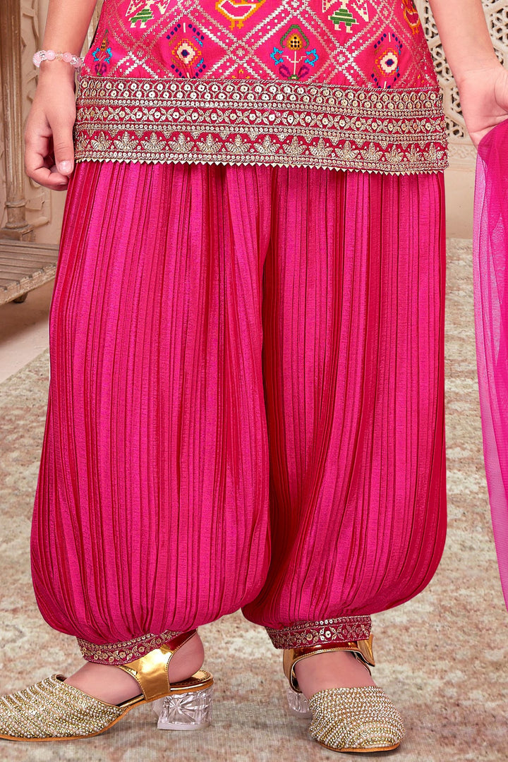 Rani Pint Sequins and Zari work with Patola Print Top and Afghani Set for Girls