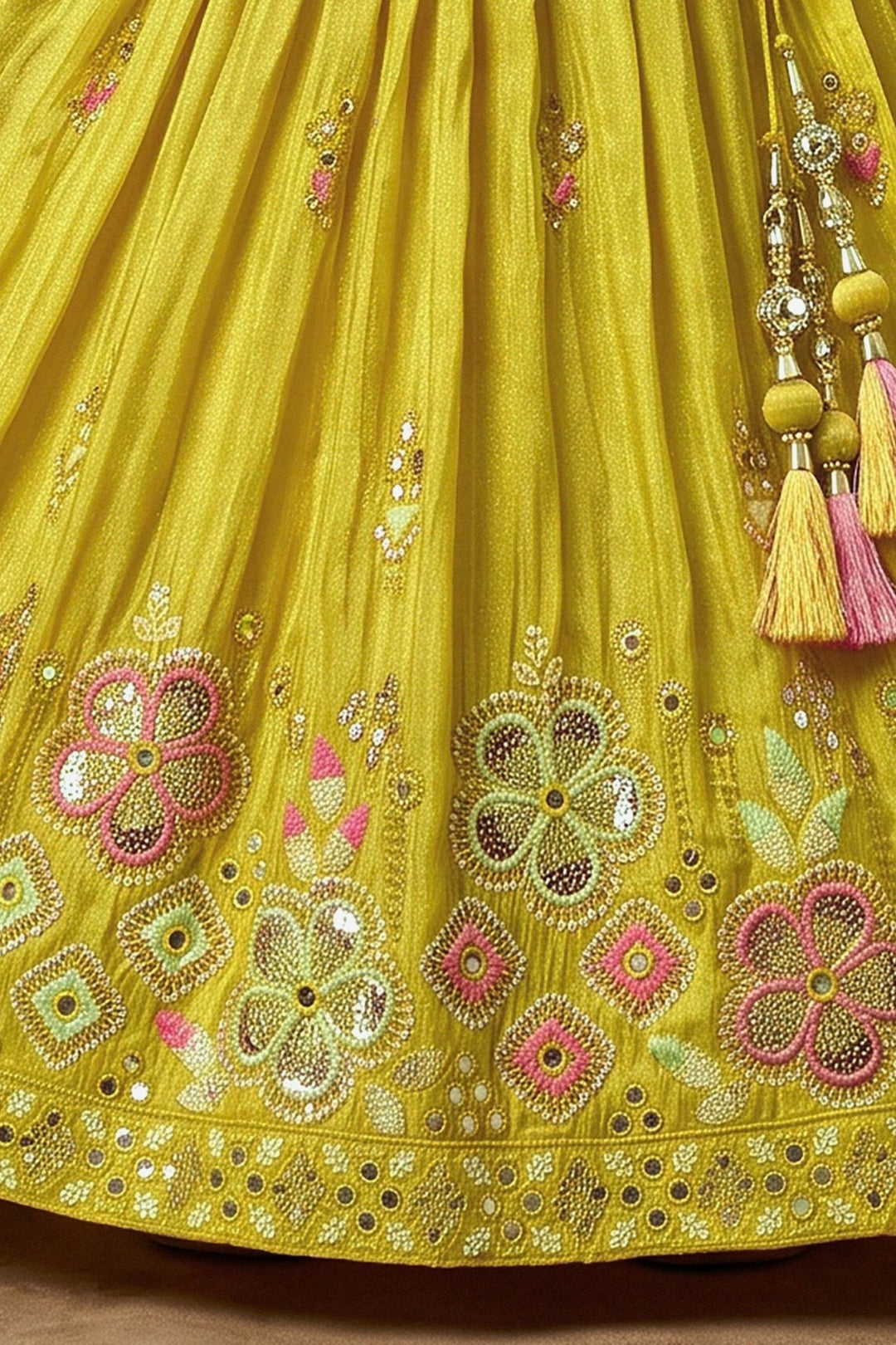 Lemon Green Halter Neck Girls Lehenga Choli with Emboridery, Beads and Sequins work