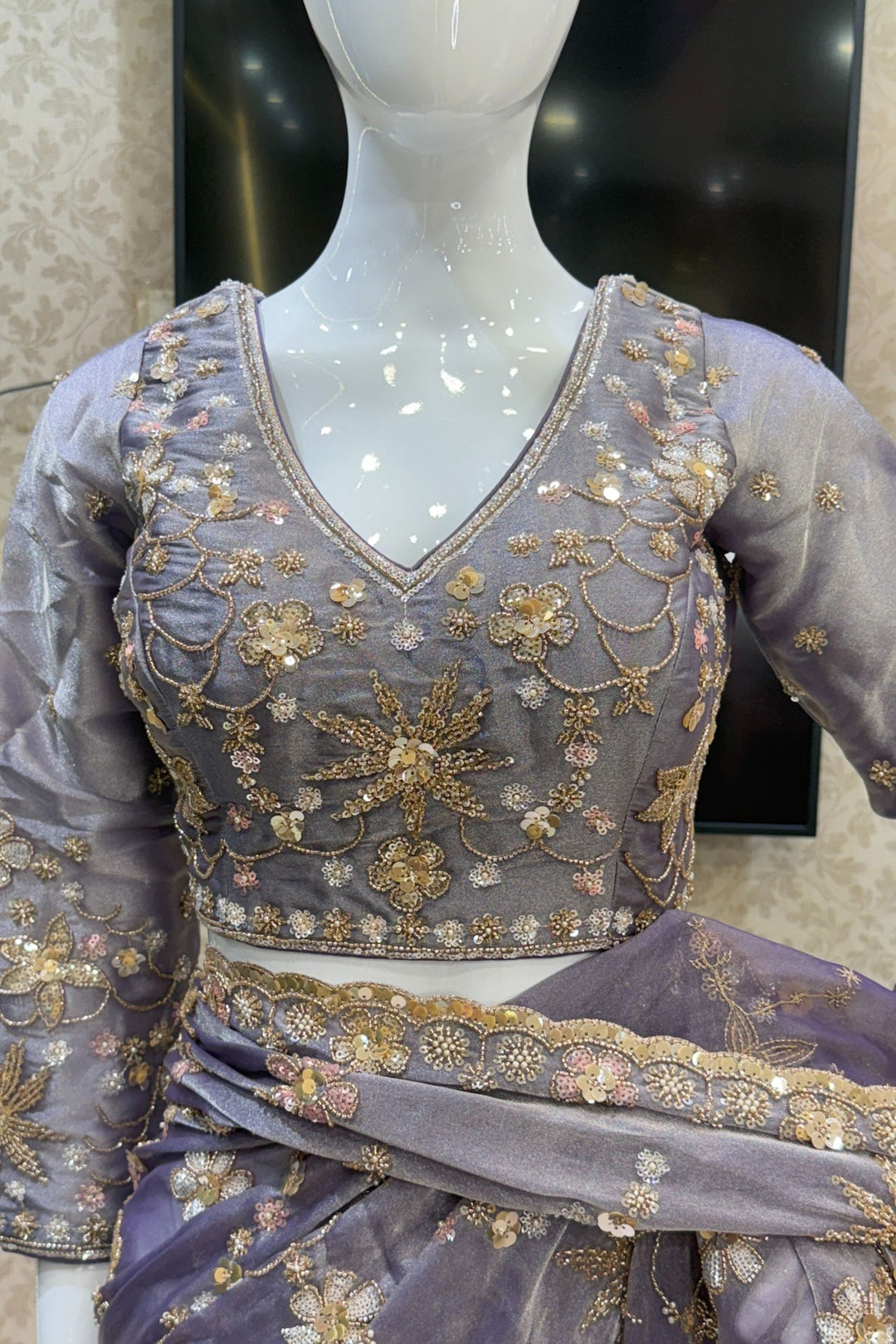 Light Purple Sequins, Beads, Zari and Pearls work Saree