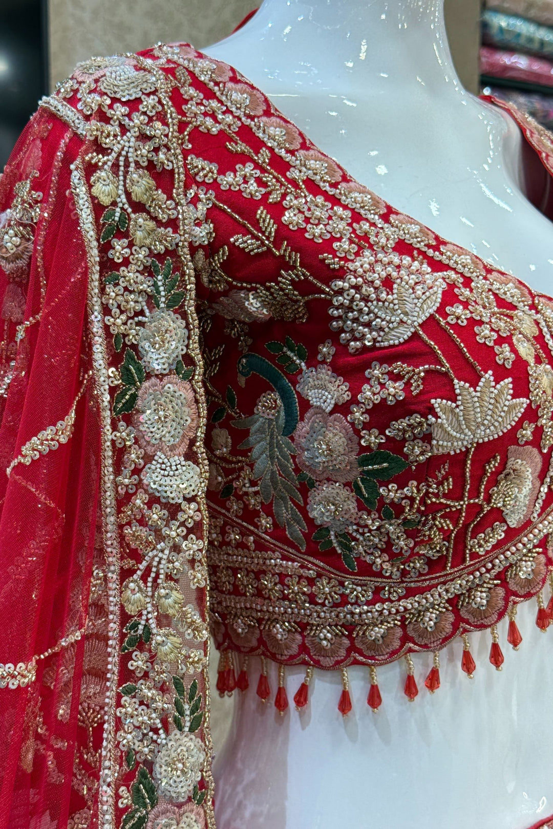 Red Beads, Embroidery, Zari, Sequins and Zardozi work Crop Top Designer Bridal Lehenga