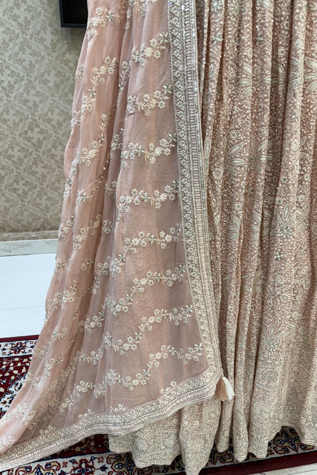 Peach Lucknowi, Sequins, Mirror, Beads and Zari work Crop Top Lehenga