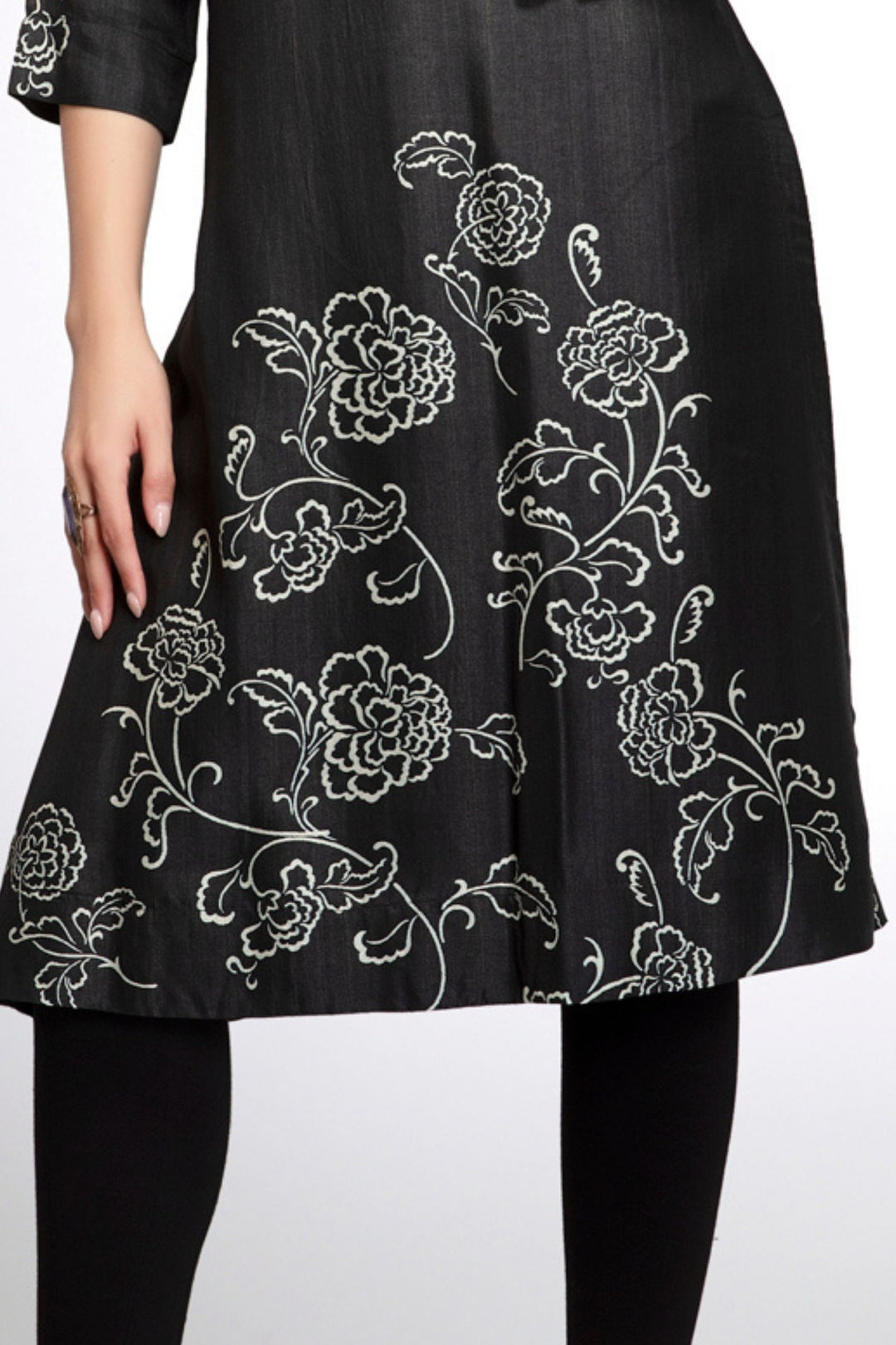 Black Thread and Stone work with Floral Print Calf Length Kurti