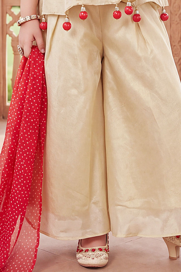 Cream Beads and Thread work Palazzo Suit Set for Girls