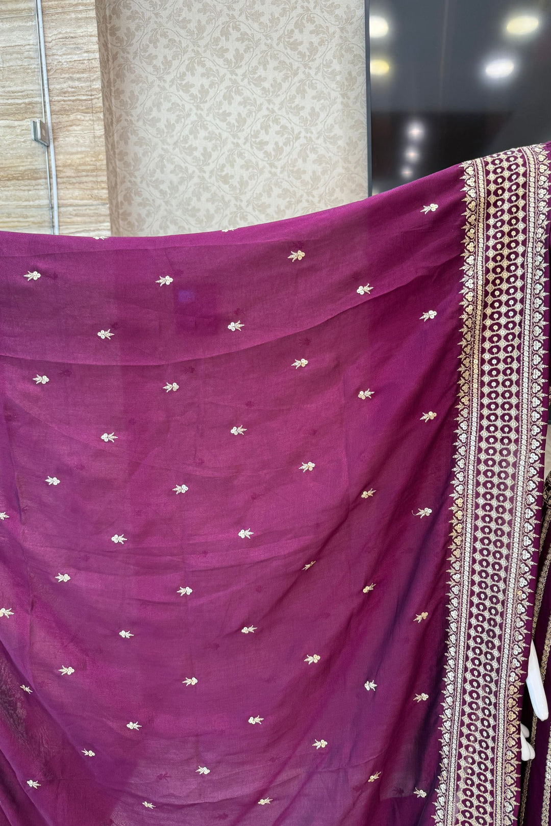 Wine Sequins and Zari work Crop Top Lehenga