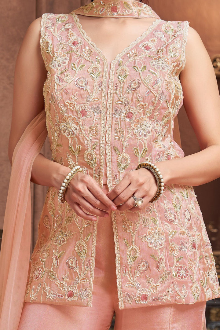 Pink Palazzo Salwar Suit with Embroidery, Beads and Sequins Detailing