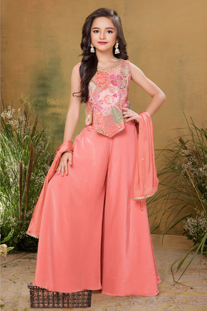 Peach Sequins and Zari work with Multicolor Digital Print Choli and Palazzo Set for Girls