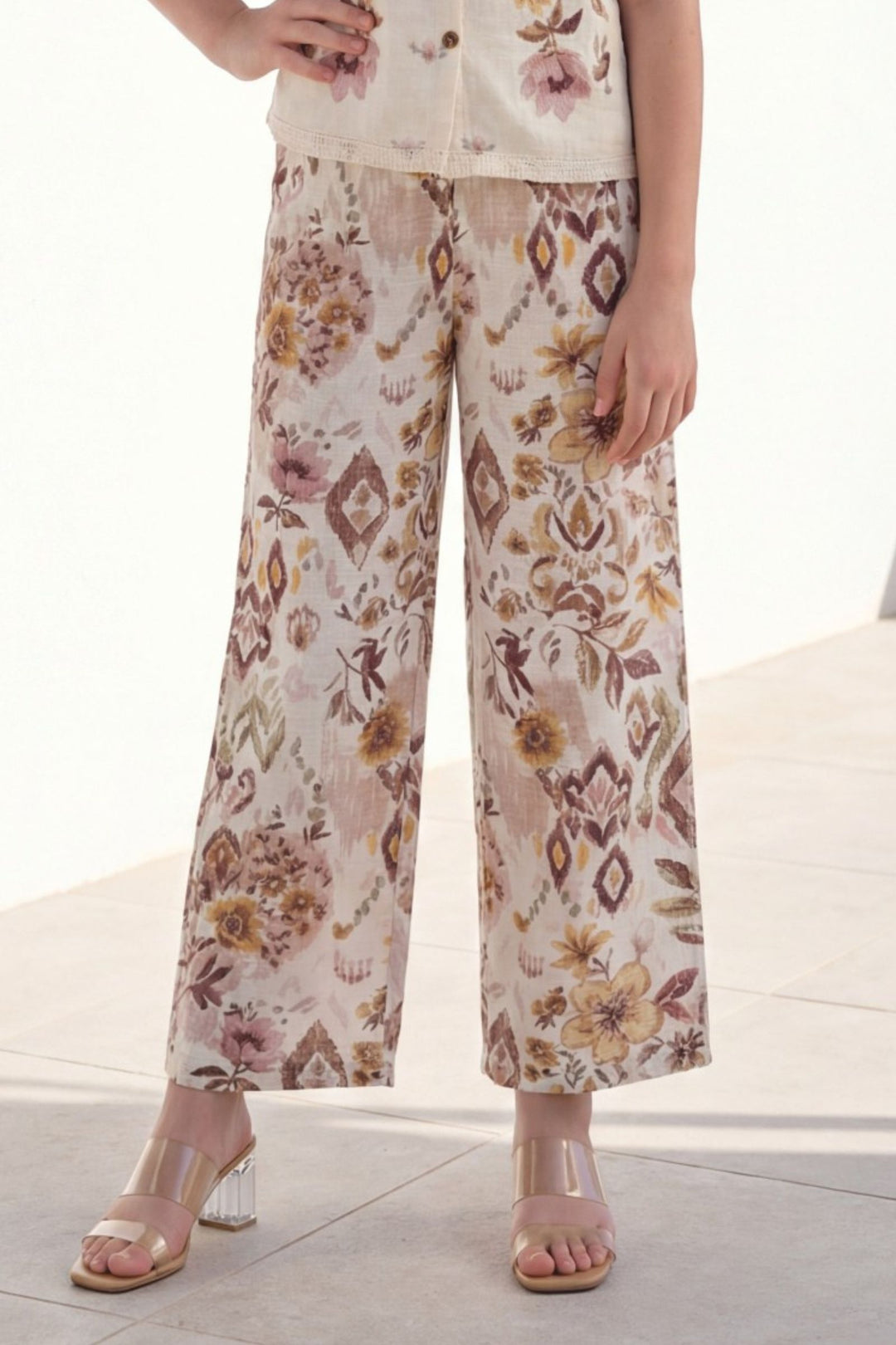 Cream with Floral Print Co-ord Set for Girls