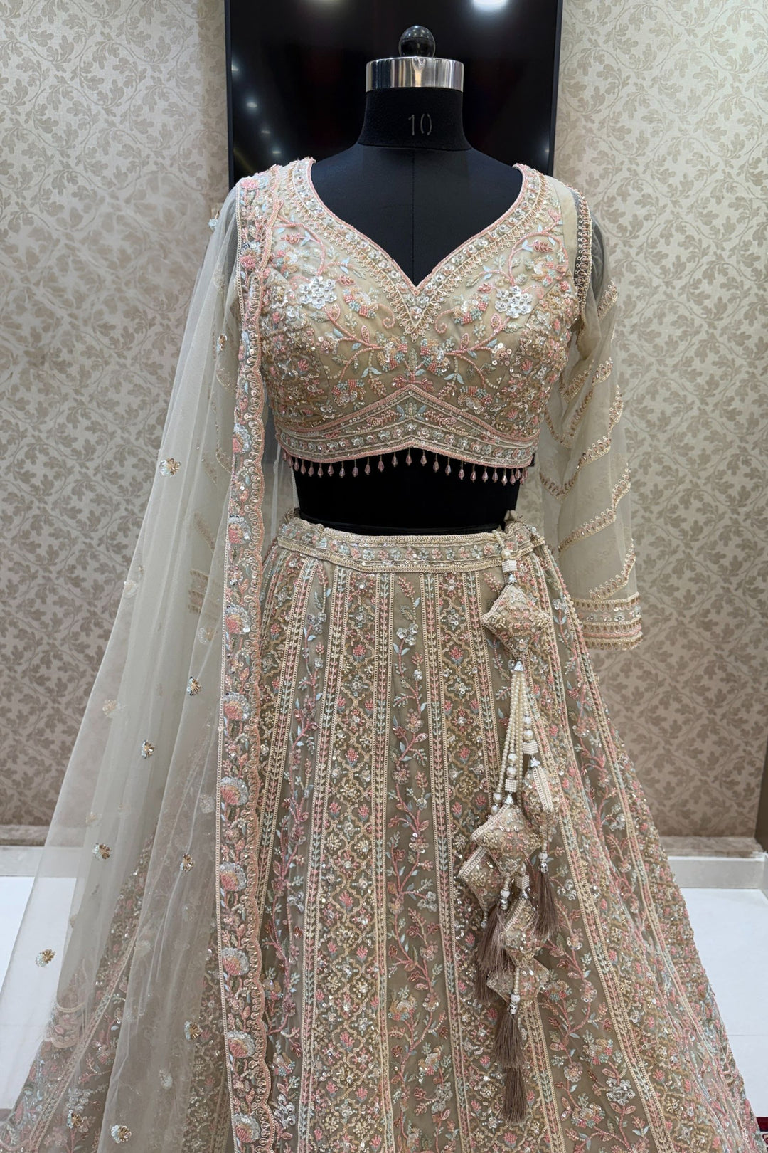 Beige Sequins, Beads and Zari Thread work Crop Top Designer Bridal Lehenga