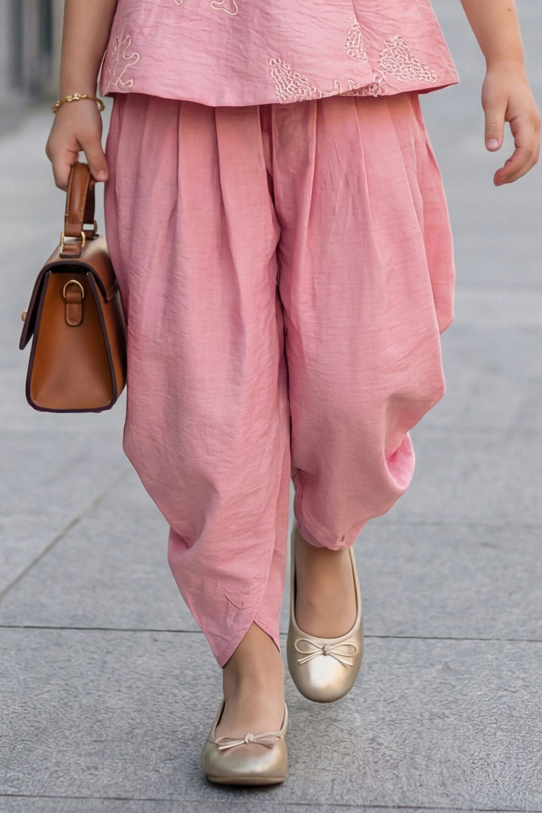Pink Thread work Dhoti Style Peplum Top for Girls