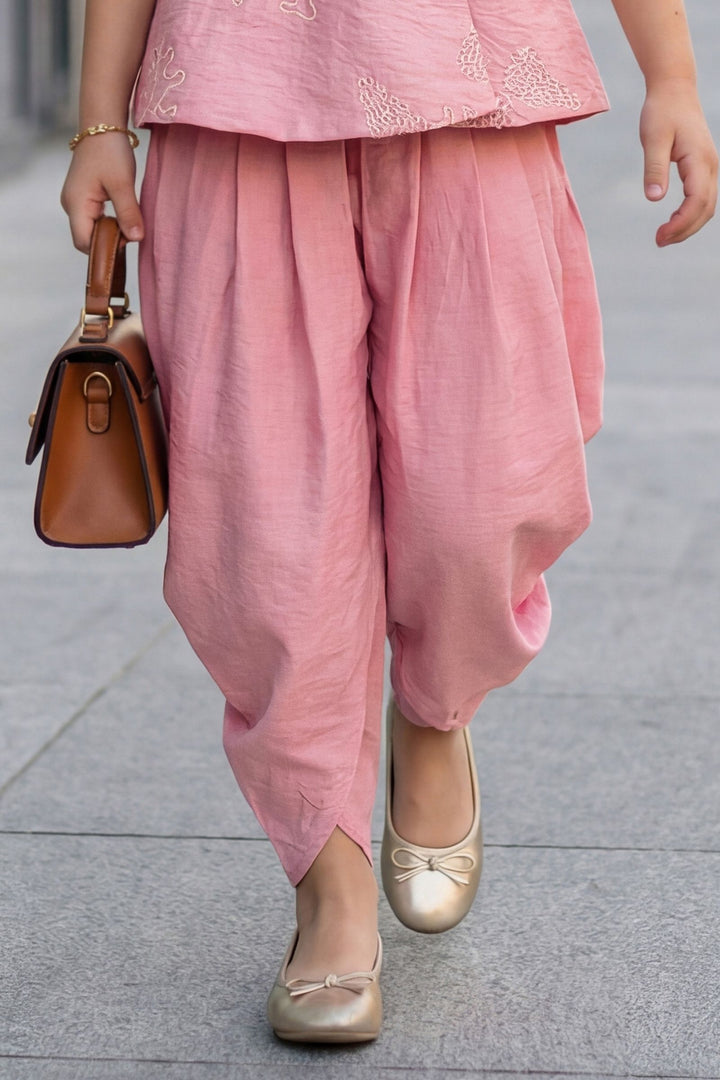 Pink Thread work Dhoti Style Peplum Top for Girls