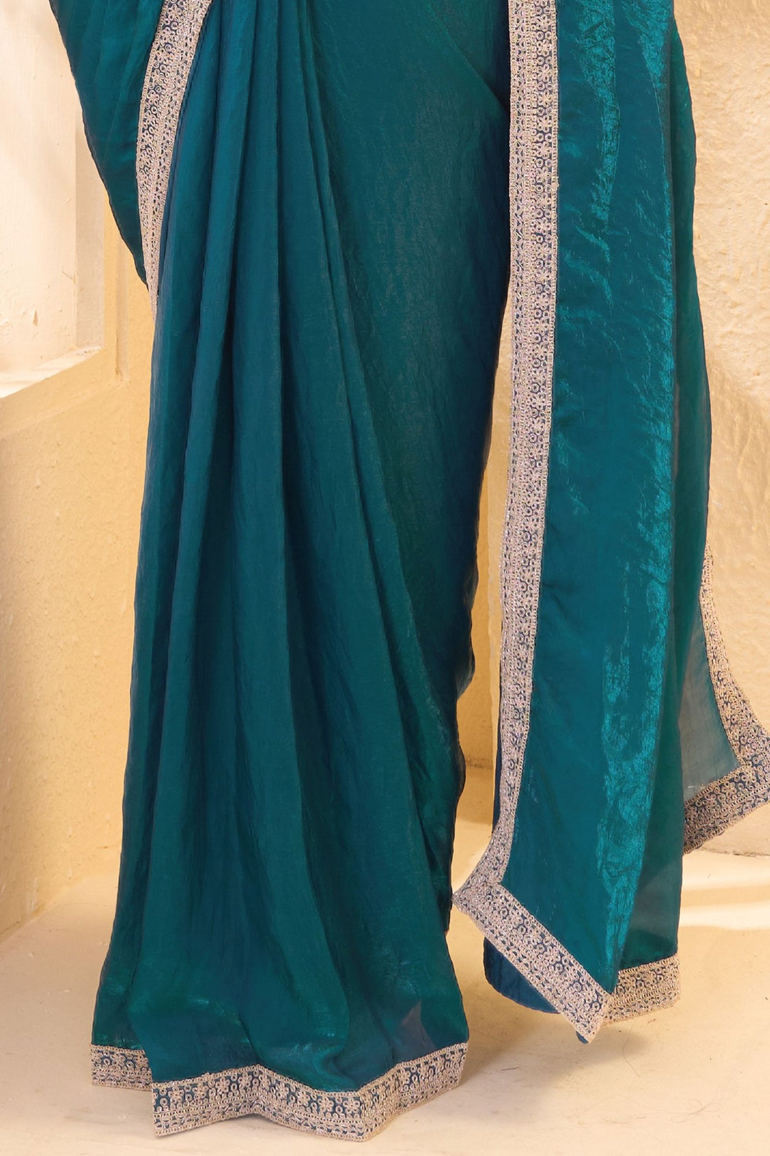 Rama Blue Readymade Saree with Pearl, Zari, Mirror and Stone work Readymade Blouse