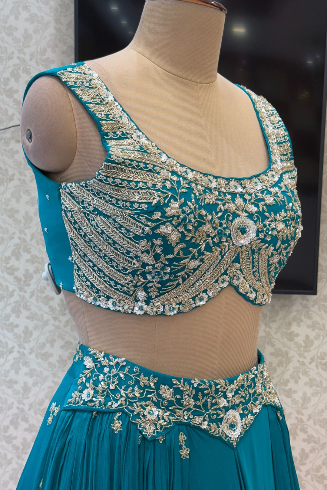 Rama Blue Sequins, Beads, Mirror, Zardozi and Zari work Crop Top Lehenga
