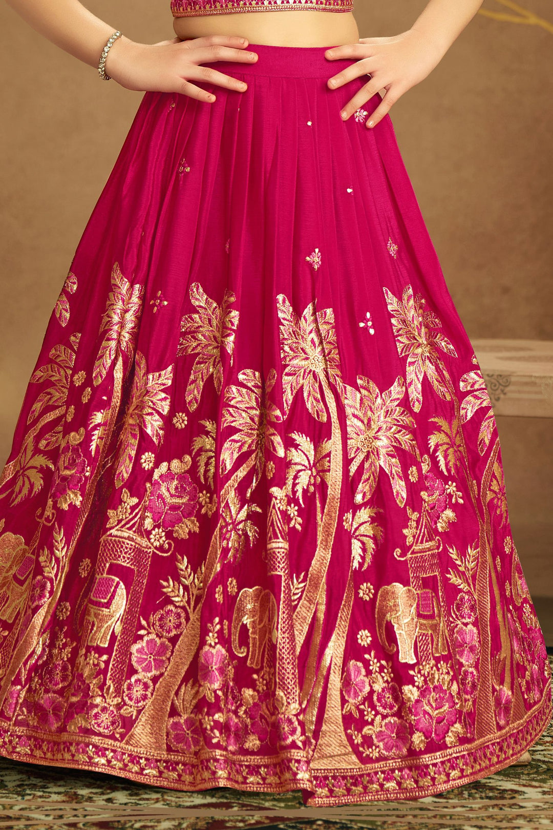 Rani Pink Zari and Thread work Lehenga Choli for Girls