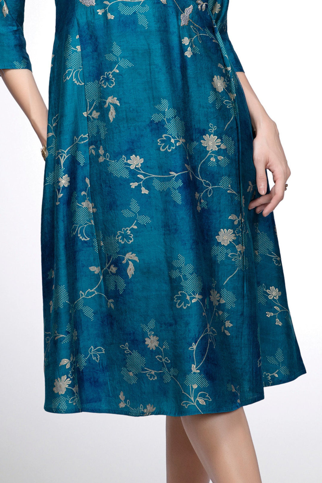 Rama Blue Embroidery and Zari work with Digital Print Aline Cut Calf Length Kurti