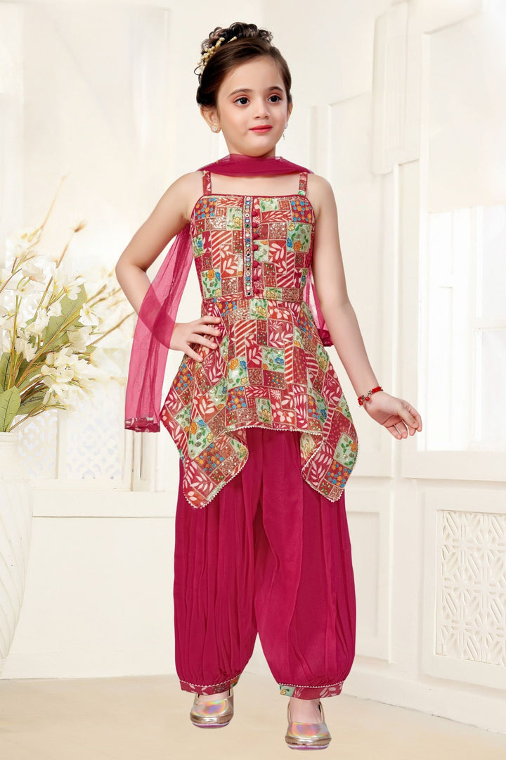 Rani Pink Sequins, Mirror and Stone work with Multicolor Digital Print Joggers Set for Girls