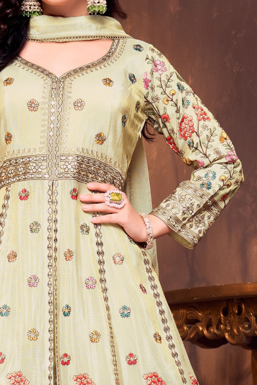 Beige Multicolor Embroidery, Sequins and Zari work Mastani Styled Palazzo Suit