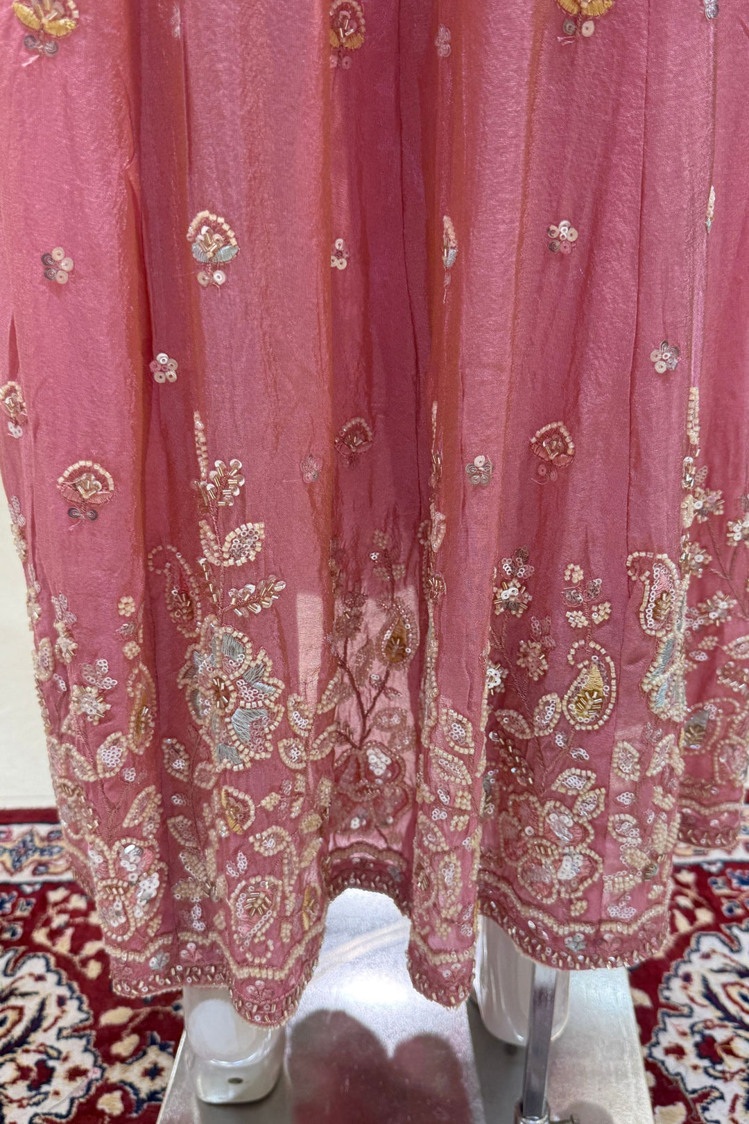 Rose Pink Beads, Sequins and Thread work Long Top with Straight Pant