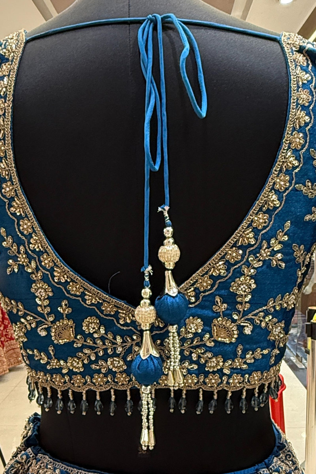 Teal Blue Beads, Zari, Zardozi and Sequins work Crop Top Designer Bridal Lehenga with Belt