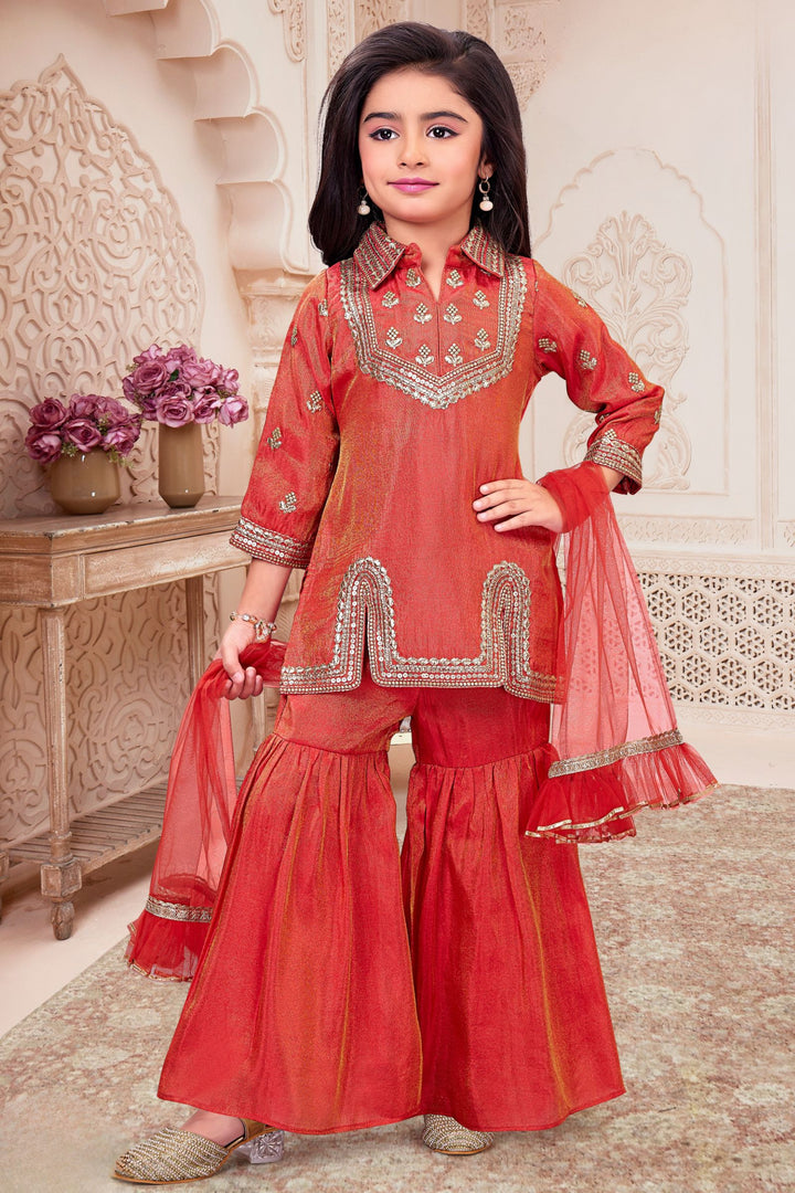 Orange Zari and Sequins work Sharara Suit Set for Girls