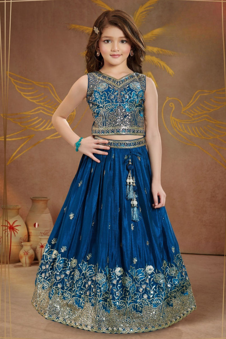 Teal Blue Sequins, Zari and Thread work Lehenga Choli for Girls