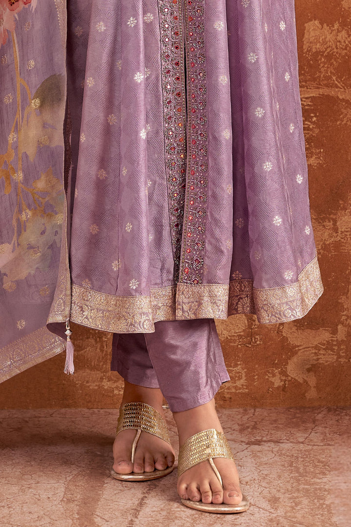 Lavender Banaras, Zardozi, Stone and Beads work Salwar Suit with Straight Pants