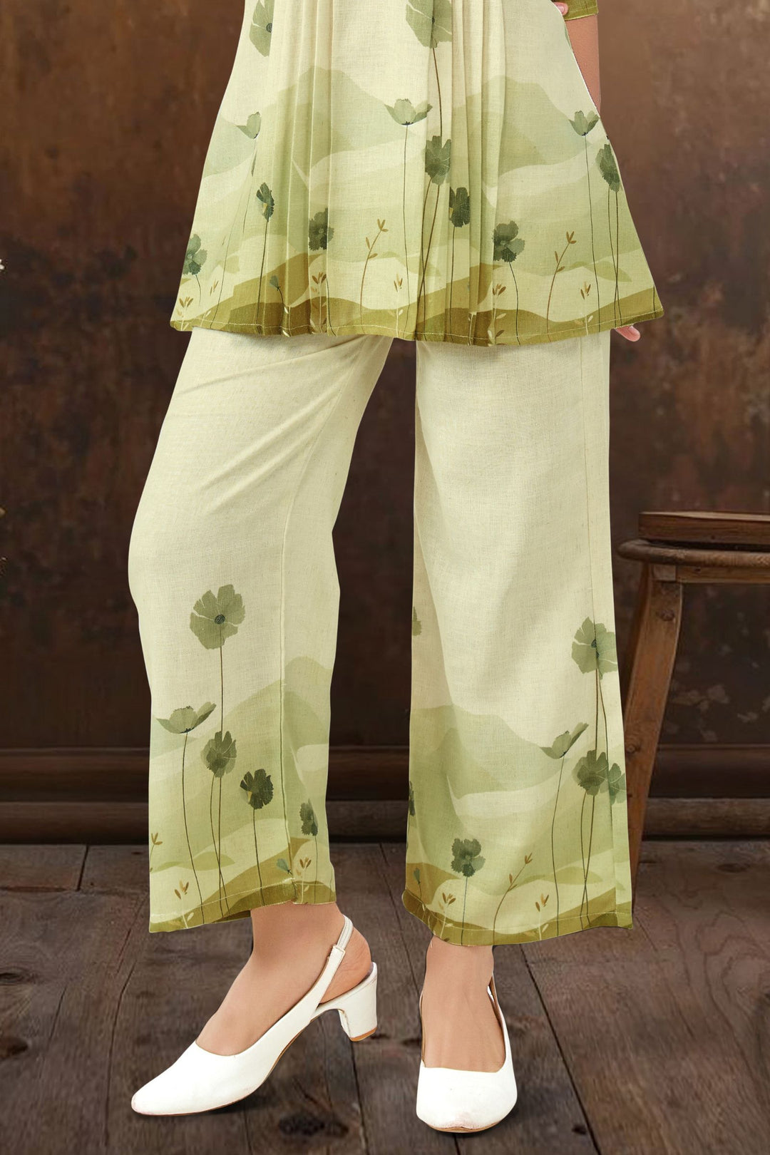 Cream with Green Digital Print Co-ord Set for Girls