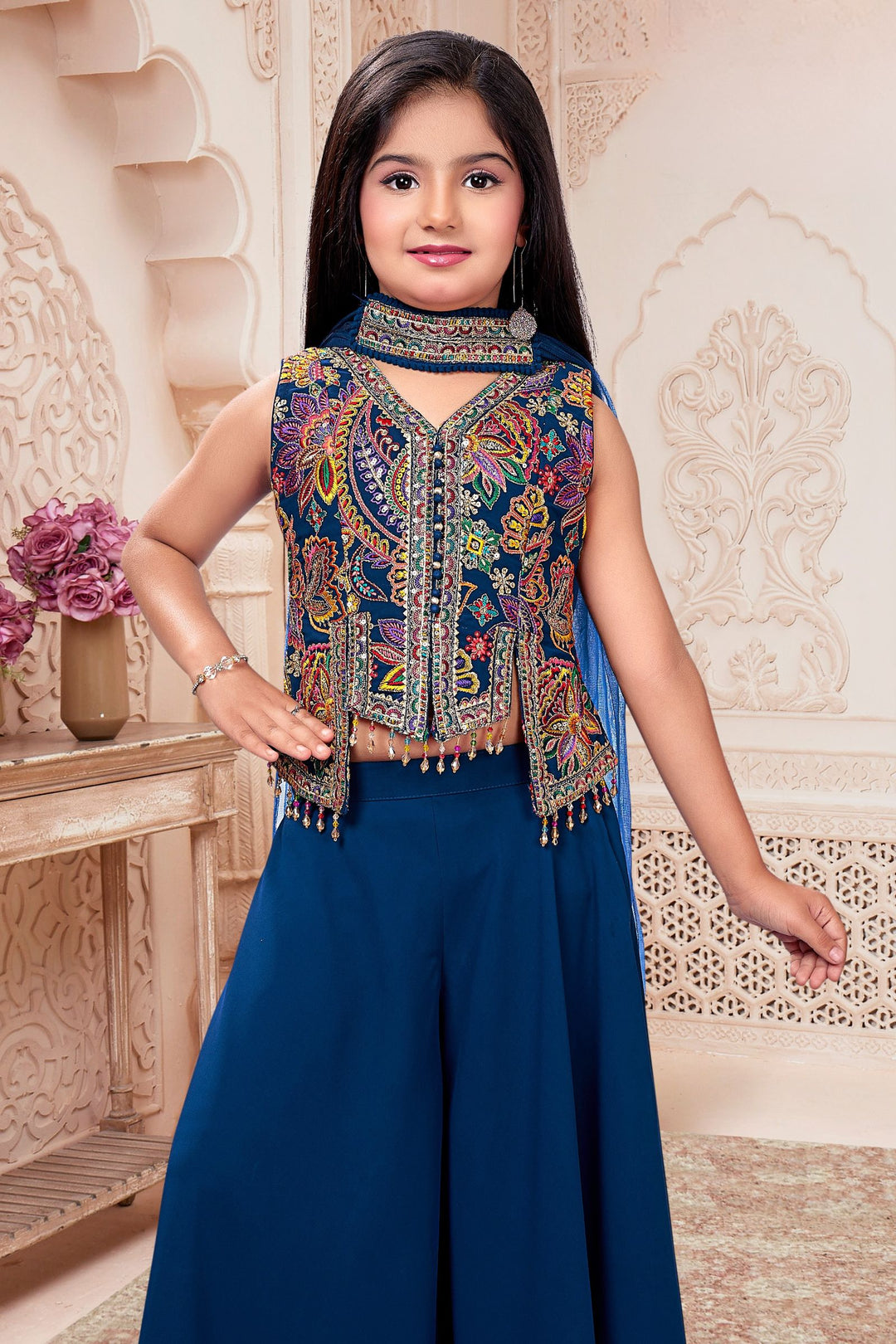 Teal Blue Multicolor Embroidery, Sequins and Zari work Palazzo Suit Set for Girls
