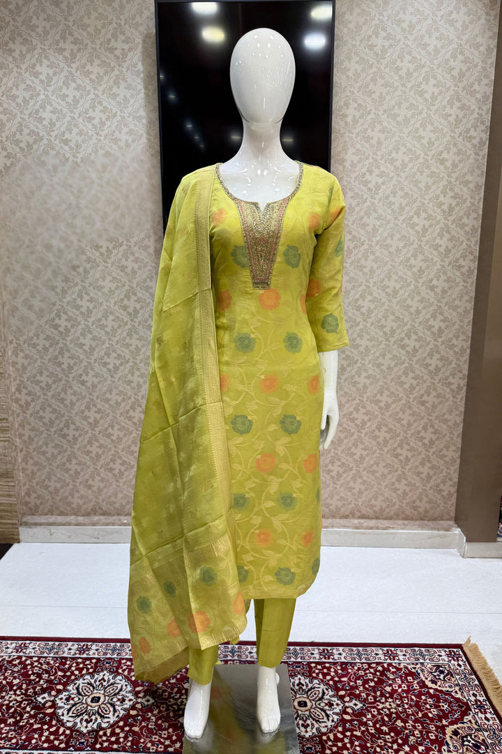 Lemon Green Jacquard, Sequins, Zari, Thread and Beads work Straight Cut Salwar Suit