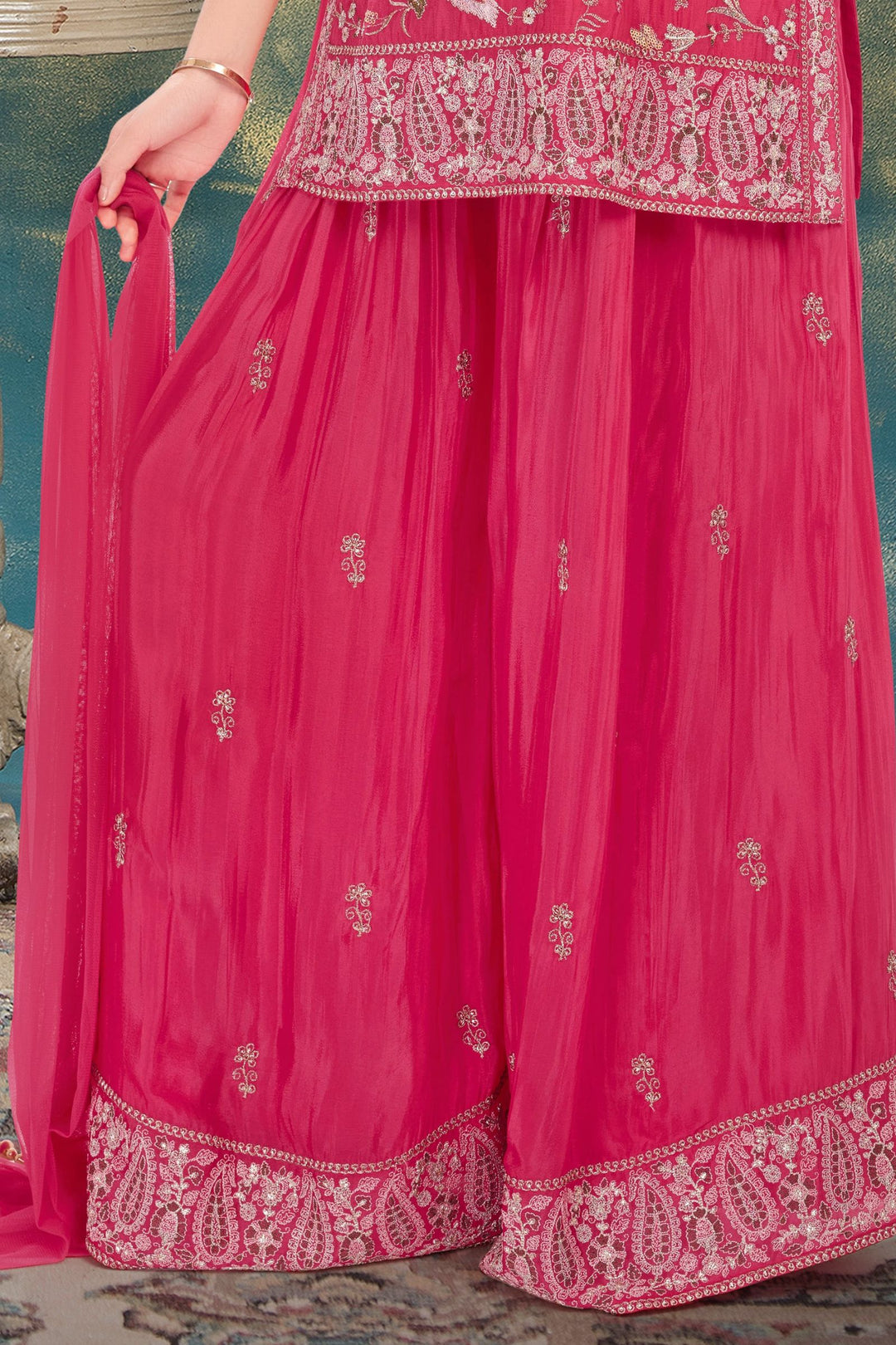 Rani Pink Zari, Sequins, Beads, Embroidery and Mirror work Palazzo Suit Set for Girls