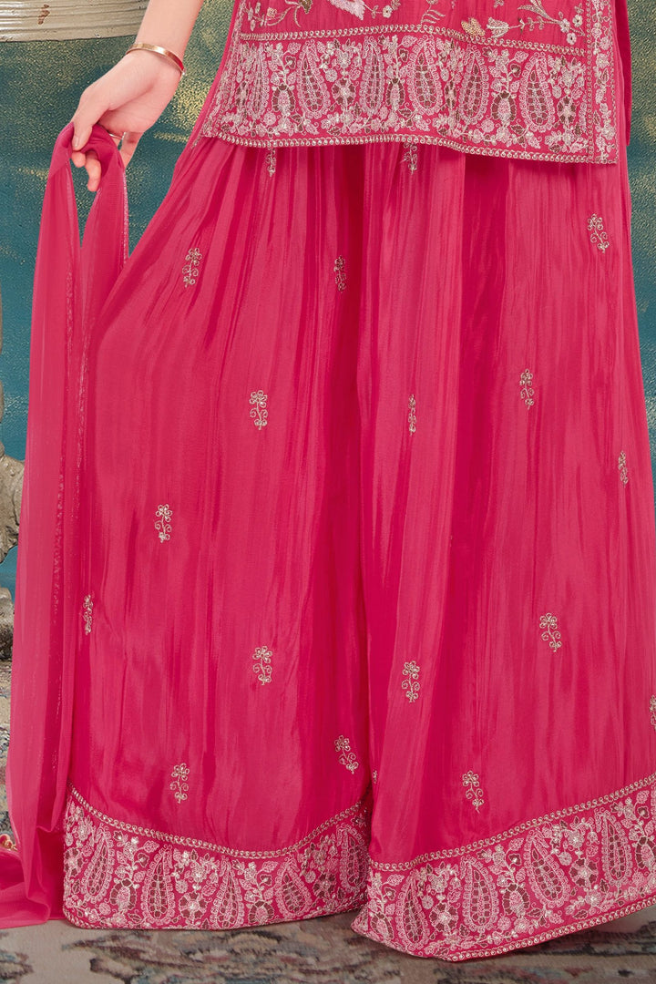 Rani Pink Zari, Sequins, Beads, Embroidery and Mirror work Palazzo Suit Set for Girls