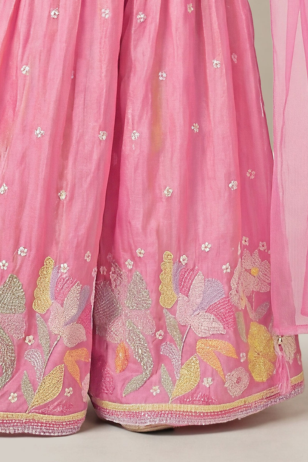 Pink Floral Embroidered Lehenga Set with Matching Dupatta for Girls