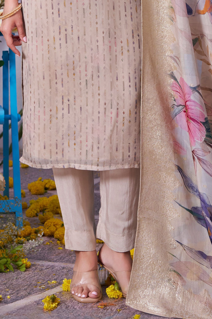 Beige Sequins, Beads and Zardozi work Straight Cut Salwar Suit