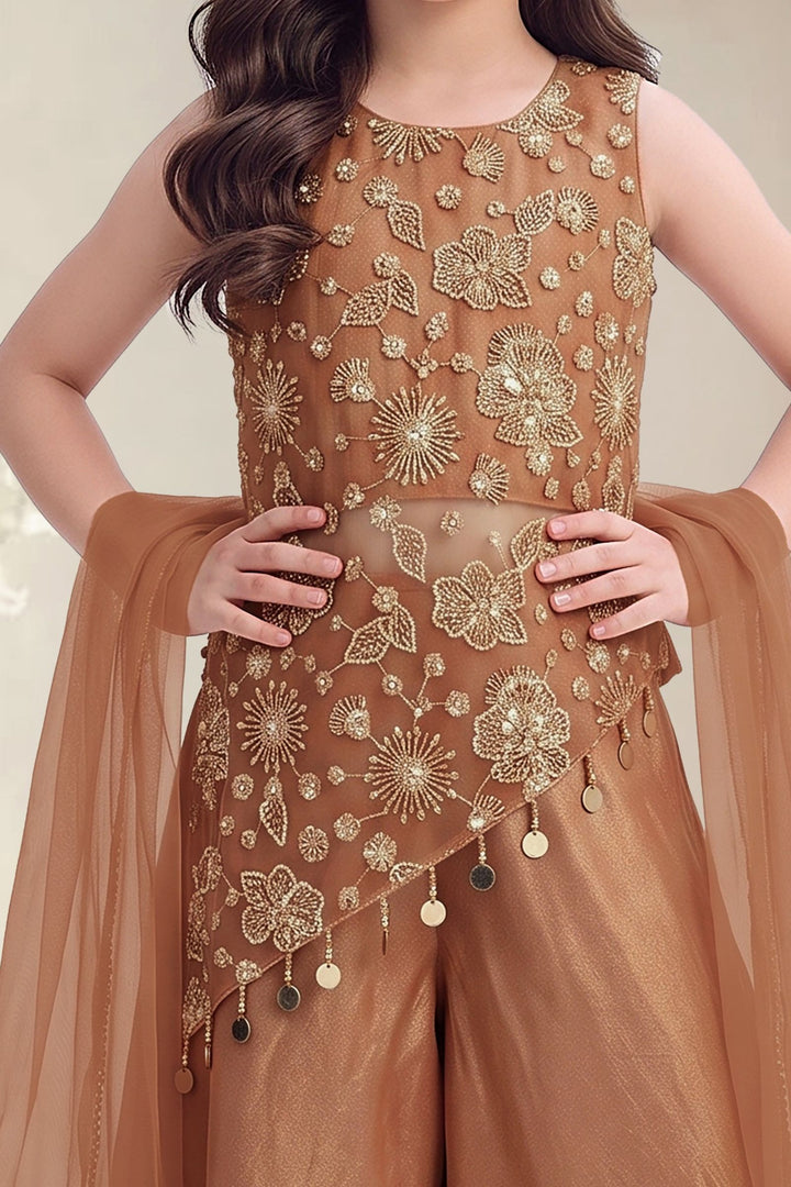 Rust Zari, Beads and Sequins work Palazzo Suit Set for Girls