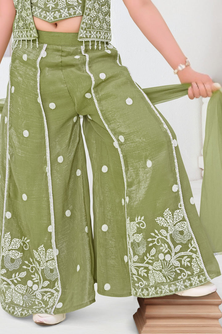Pista Green Thread, Zari and Sequins work Jacket Styled Palazzo Set For Girls