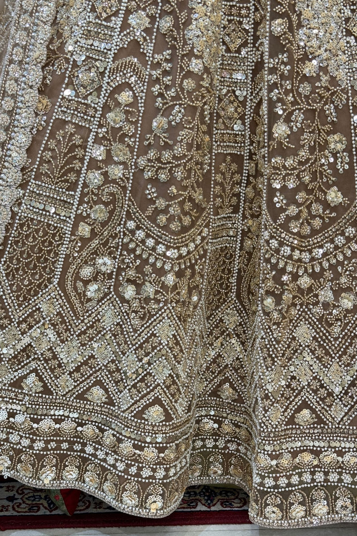 Beige Sequins, Pearl and Zari work Flared Lehenga Set with Peacock Motifs