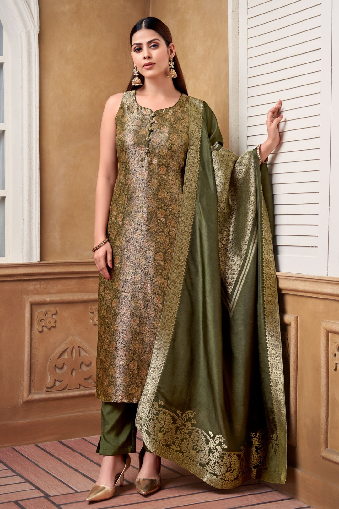 Bottle Green Brocade work Straight Cut Salwar Suit