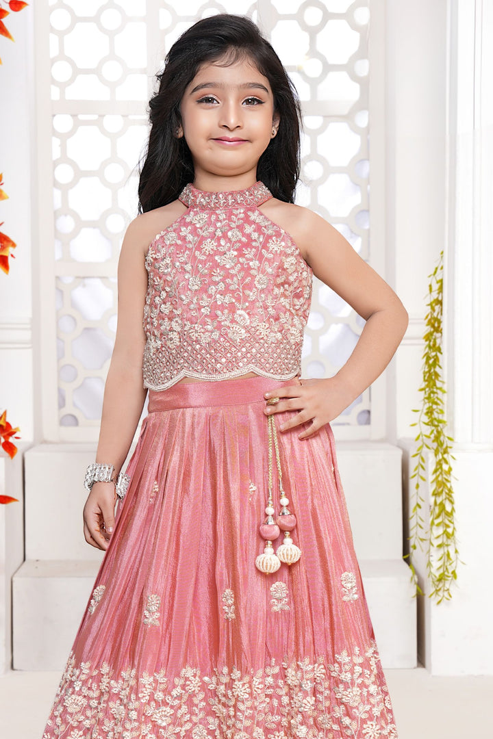 Peach Beads, Sequins and Thread work Lehenga Choli for Girls