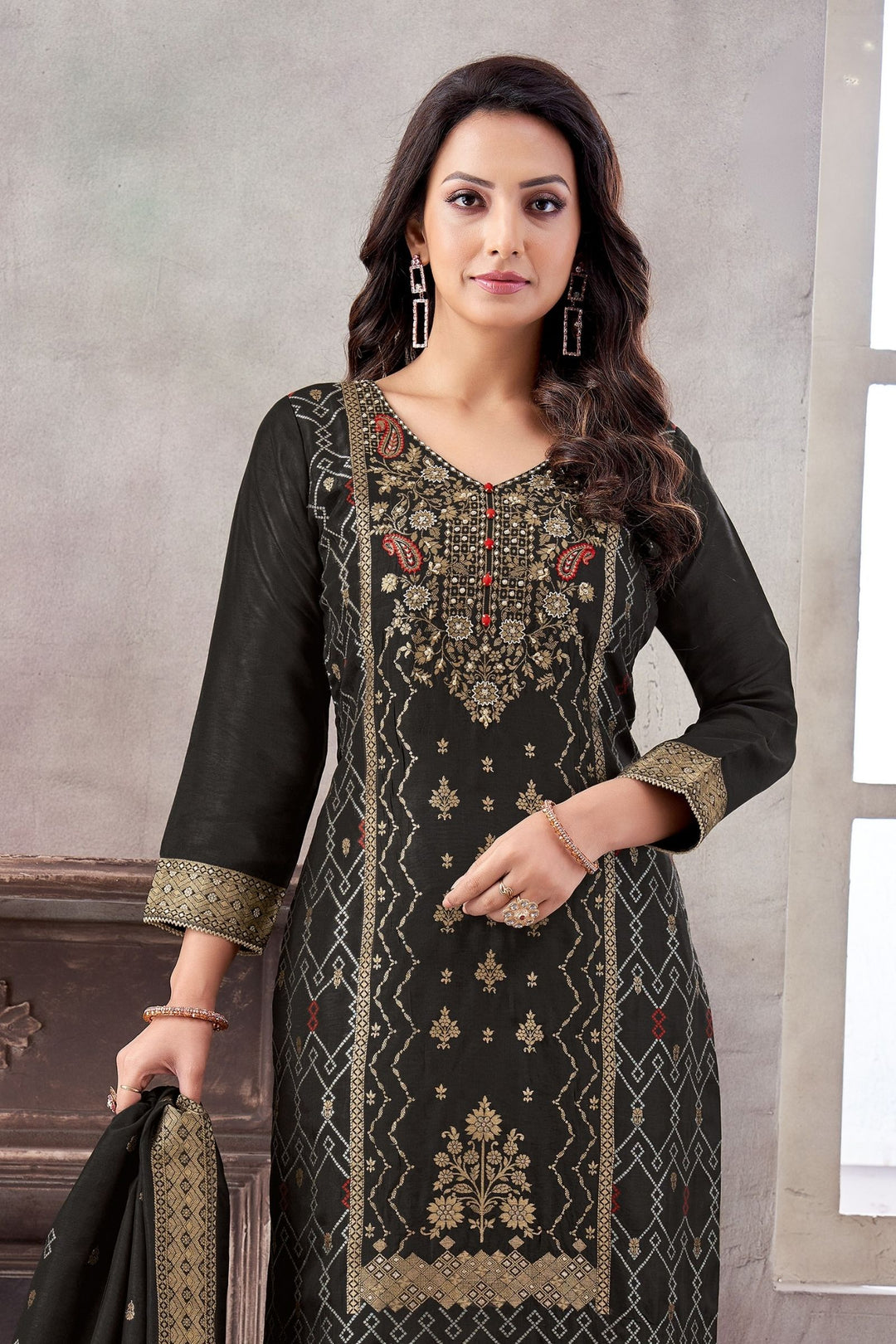 Black Banaras, Beads, Zardozi and Jacquard work Straight Cut Salwar Suit