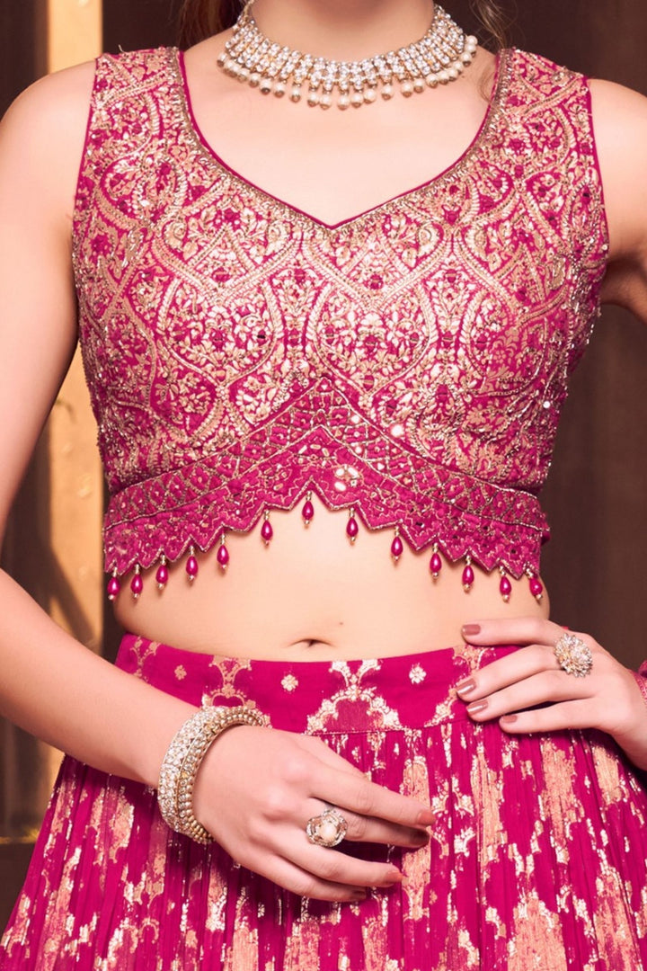 Rani Pink Banaras, Mirror, Beads and Zardozi work Crop Top Lehenga