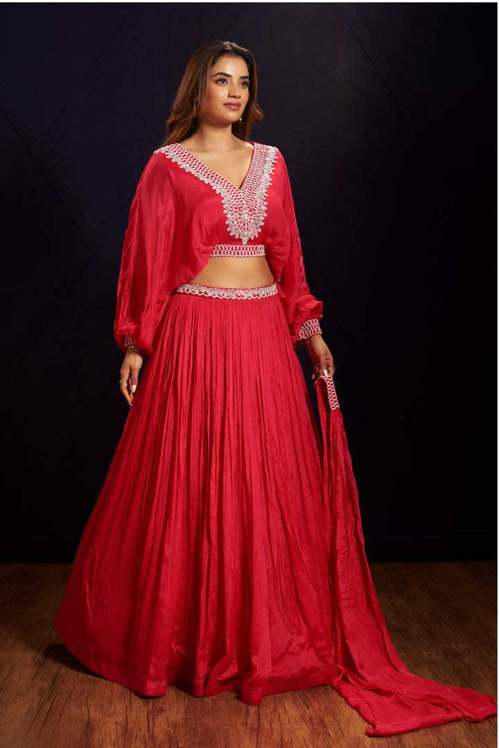 Rani Pink Beads and Stone work Crop Top Lehenga