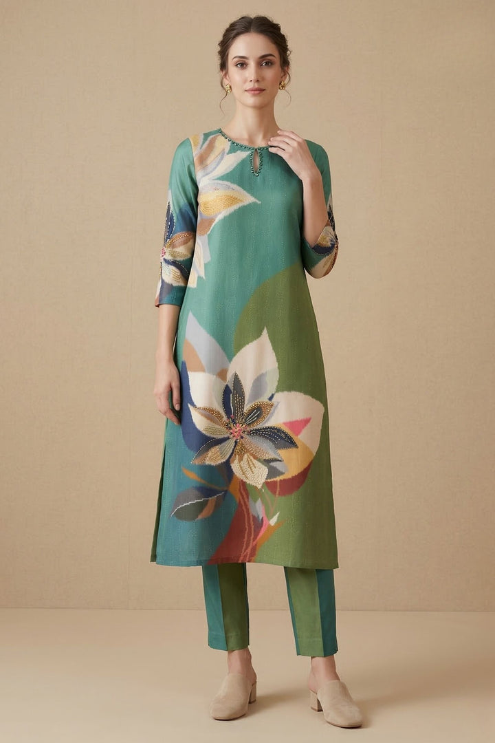 Sea Green Beads work with Multicolor Digital Print Calf Length Kurti