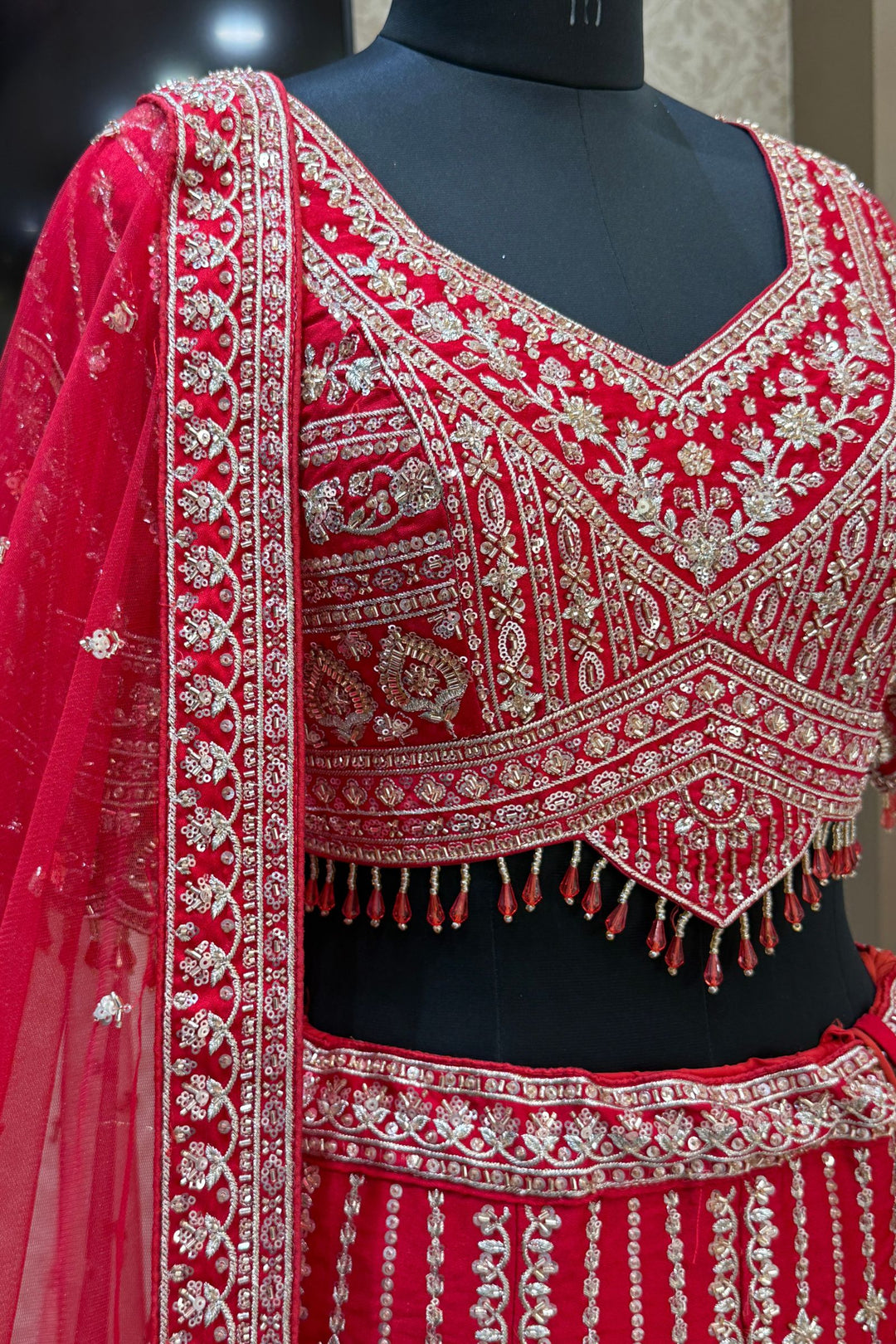 Red Beads, Zari, Zardozi, Thread and Sequins work Crop Top Designer Bridal Lehenga