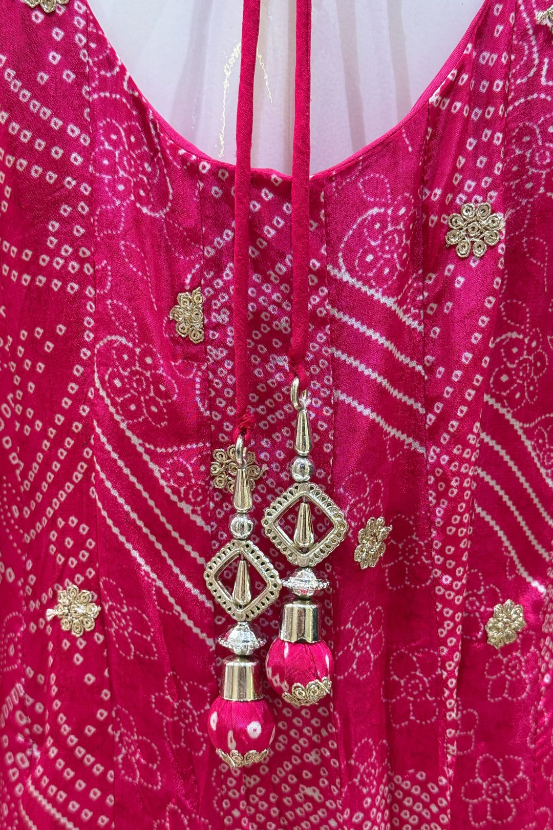 Rani Pink Zardozi, Stone, Sequins and Zari work with Bandini Print Anarkali Style Salwar